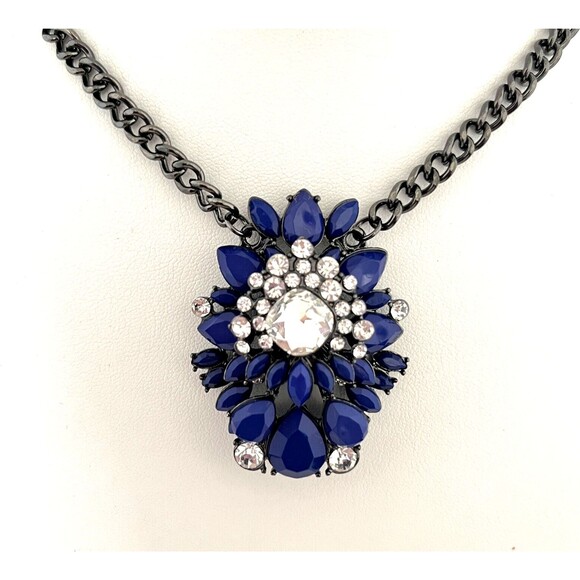 New Designer Statement Necklace Hematite Tone Blue Stones Crystal Accents 4A - Picture 5 of 5